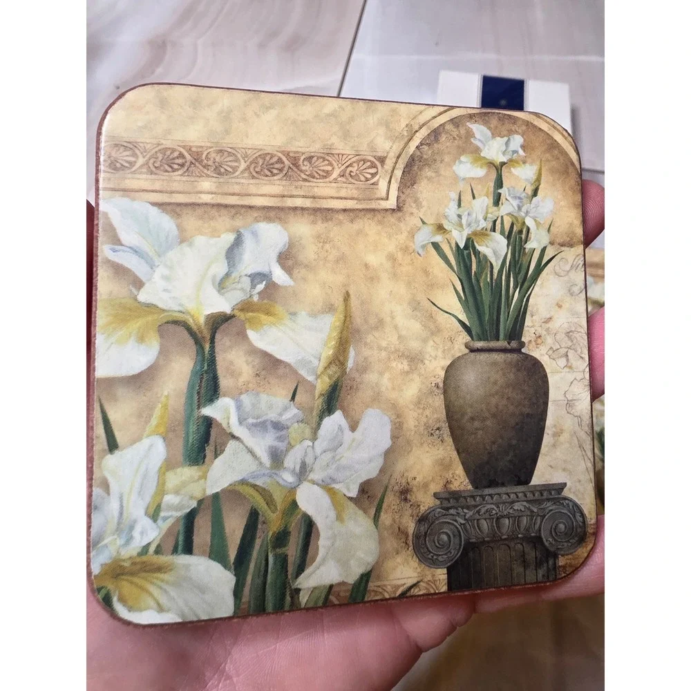 Pimpernel Coasters Set of 5 White Iris Floral Cork Back Made in‎ England E2
